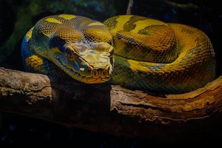 Reticulated python (Python reticulatus) on a branchの素材