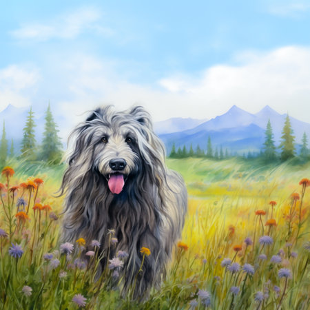 Digital painting of a dog in the meadow with wildflowersの素材