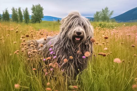 A black bearded collie standing in the field of wildflowersの素材