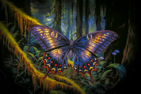 Colorful butterfly in the forest. 3d rendering. Computer digital drawing.の素材