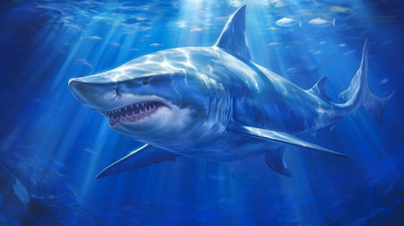 Great white shark swimming underwater in deep blue ocean. 3D renderingの素材