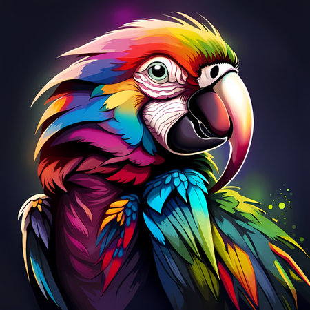 Colorful macaw parrot illustration on dark background.の素材