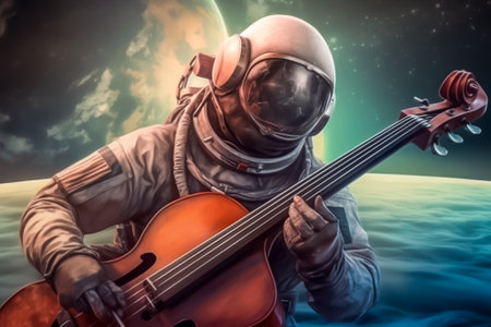 Astronaut playing the cello in space. 3D rendering styleの素材