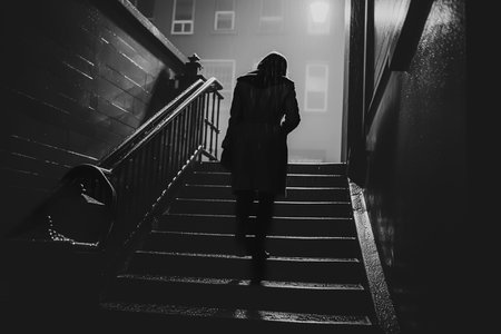 Silhouette of a woman walking up of the stairs in the darkの素材