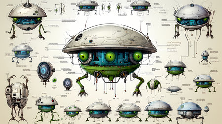 Illustration of a set of aliens and spaceships made in 2d styleの素材