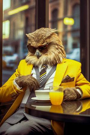Portrait of an owl in a yellow jacket and sunglasses with a cup of coffeeの素材