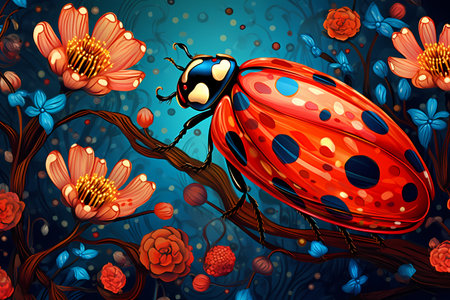 Illustration of a ladybug on a branch with flowers in the backgroundの素材