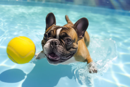 French bulldog in swimming pool with a yellow ball and looking upの素材