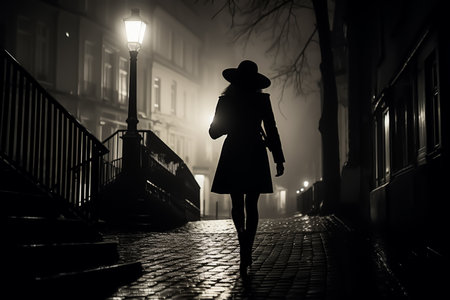 Woman in coat and hat walking on the street in the foggy night.の素材