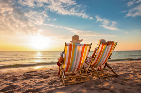 Senior couple sittingchairs on tropical beach at beautiful sunset.の素材