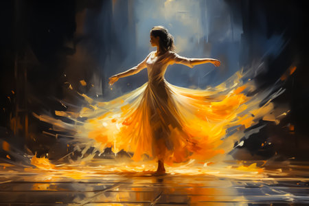 Beautiful girl dancing flamenco in a yellow dress on a dark backgroundの素材