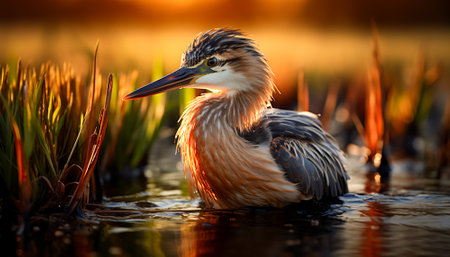 Purple Heron (Ardea purpurea) on a lakeの素材