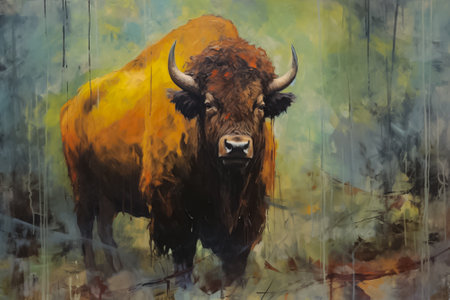 Painting of a big horned animal (Bison bonasus)の素材