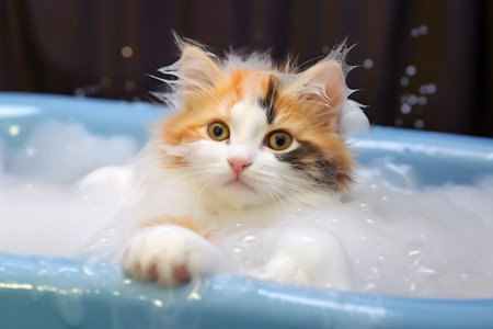 Cute little kitten taking a bath in a blue bathtub.の素材