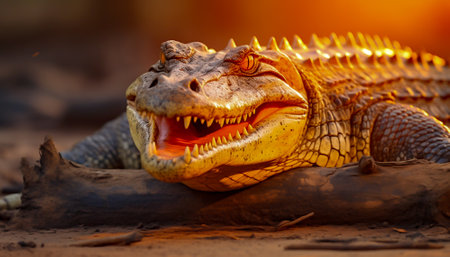 Crocodile with open mouth and teeth on the log.の素材