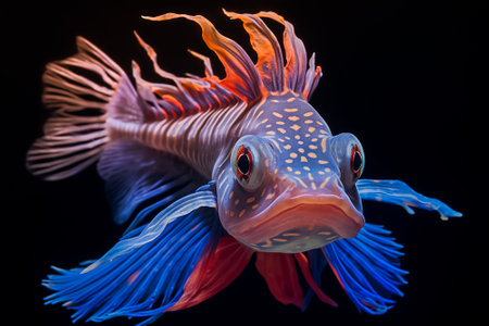 Close up of a blue and red fighting fish isolated on black background.の素材