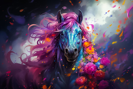 Colorful horse portrait with flowers on a black background. Digital painting.の素材