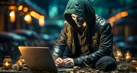Hooded hacker using laptop on the street in the night.の素材