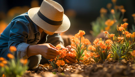 Person with a hat planting crocus flowers in the garden at spring timeの素材