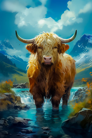 Highland cow on the background of a mountain river. Digital painting.の素材