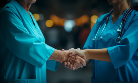 Doctors and nurses shaking hands in a hospital. Healthcare and medical service.の素材