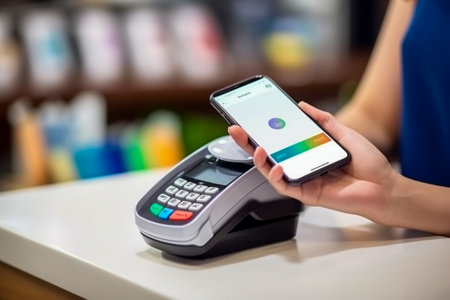 Payment terminal and smartphone with NFC technology in cafe. Shopping and communication concept.の素材