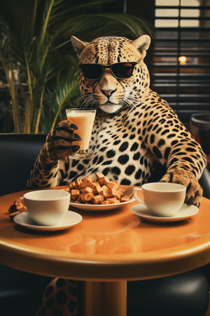 Funny leopard drinking coffee and eating cookies in a cafe.の素材