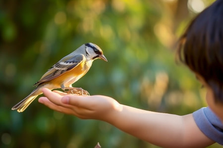 Little child feeding a small bird in the park. Selective focus.の素材