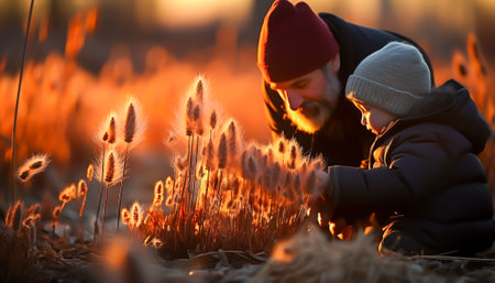 Father and son playing in the autumn field at sunset. Happy family having fun outdoors.の素材