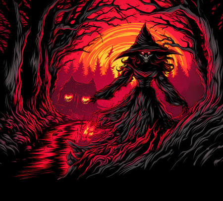 Witch in the forest at sunset. Vector illustration. Halloween.の素材
