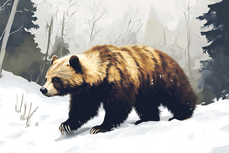 A striking illustration of a wolverine trudging through the snow, surrounded by a frosty forest. Its fur is detailed, showcasing the animalâs resilience and strength.の写真素材