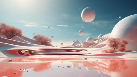 3d render of abstract landscape with planet and trees in the desertの素材