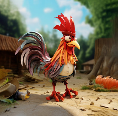rooster on the background of the village. 3d illustration.の素材