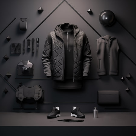 Men's leather jacket and accessories on black background. 3D renderingの素材