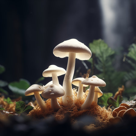 Group of white mushrooms growing in the forest. Selective focus.の素材
