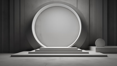 Podium with round podium in dark room. Award ceremony concept. 3D Renderingの素材