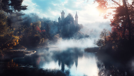 Magic Fairy Tale Castle on the foggy lake. 3d renderingの素材