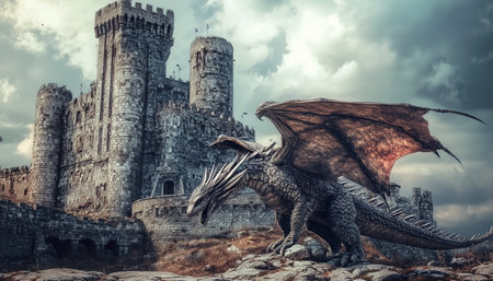 Fantasy landscape with fantasy dragon and castle. 3d illustration.の素材