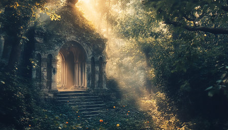 Mysterious old church in the misty forest at sunset.の素材