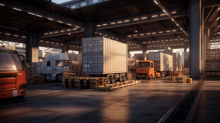 3d rendering of a logistic warehouse with containers and trucks.の素材