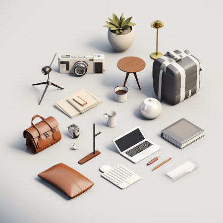 Flat lay of office objects on white background. 3D renderingの素材