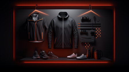 Black and white sport clothing on black background. 3d rendering.の素材