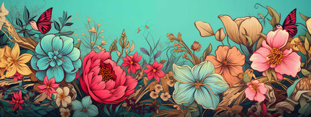 Vintage floral background with colorful flowers and butterflies. Vector illustration.の素材