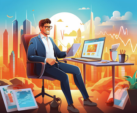Businessman working at his desk. Vector illustration in cartoon style.の素材