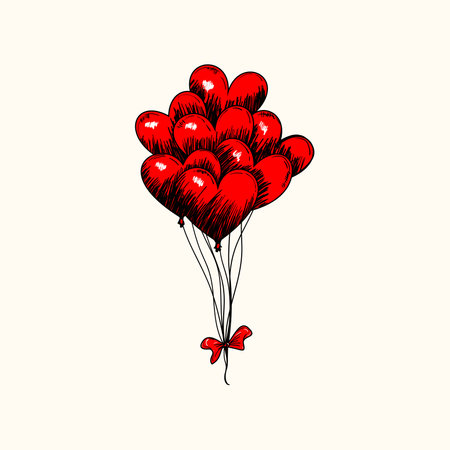 Red heart-shaped balloons with ribbons. Vector illustration in sketch style.のイラスト素材