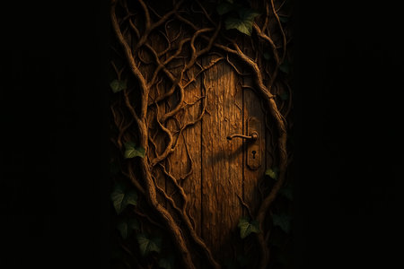 Old wooden door with ivy. 3D illustration. Dark background.の素材