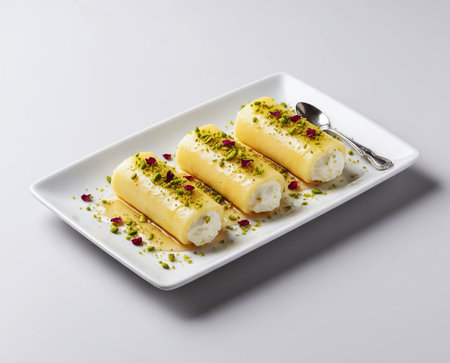 Crepes stuffed with ricotta cheese and pistachios on white plateの素材