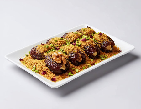Dessert with dates and pistachios on a white background.の素材