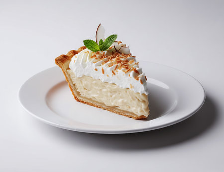 Coconut Cream Pie Wedge: Flaky Crust Dessert with Rich Custard and Mint Garnishの素材