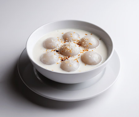 Saksak Dessert: Traditional Papua New Guinea Sago Dumplings in Sweet Coconut Milk and Toasted Flakesの素材